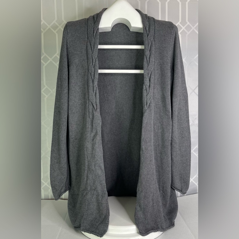 Christopher & Banks Grey Cable Trim Open Front Waterfall Cardigan Medium